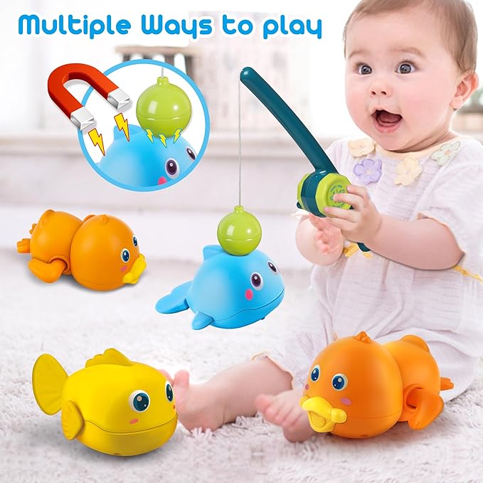 Dwi Dowellin Bath Toys for Toddlers, Magnetic Fishing Games Kids Bathtub Toys, Mold Free Wind-up Toys Swimming Fish Duck Whale Floating Water Toys for Kids Baby Infant-PurrikoPets