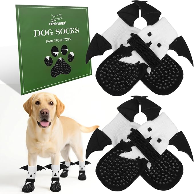 EXPAWLORER Halloween Anti Slip Dog Socks to Prevent Licking Paws, Boots & Paw Protectors with Grippers,Doggie Booties for Hardwood Floors for Small Medium Large Senior Dogs Costume White Ghost Wings L-PurrikoPets