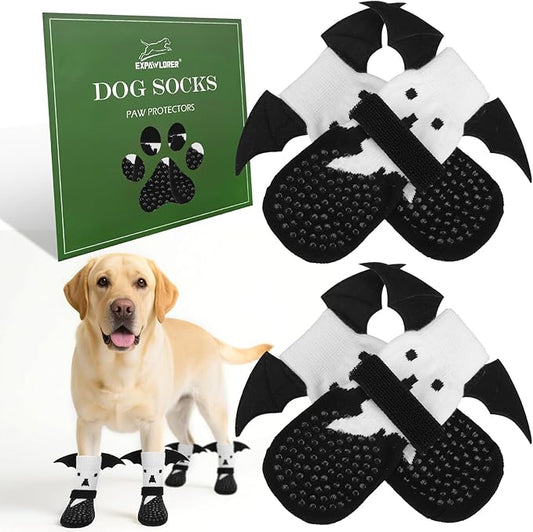 EXPAWLORER Halloween Anti Slip Dog Socks to Prevent Licking Paws, Boots & Paw Protectors with Grippers,Doggie Booties for Hardwood Floors for Small Medium Large Senior Dogs Costume White Ghost Wings L-PurrikoPets