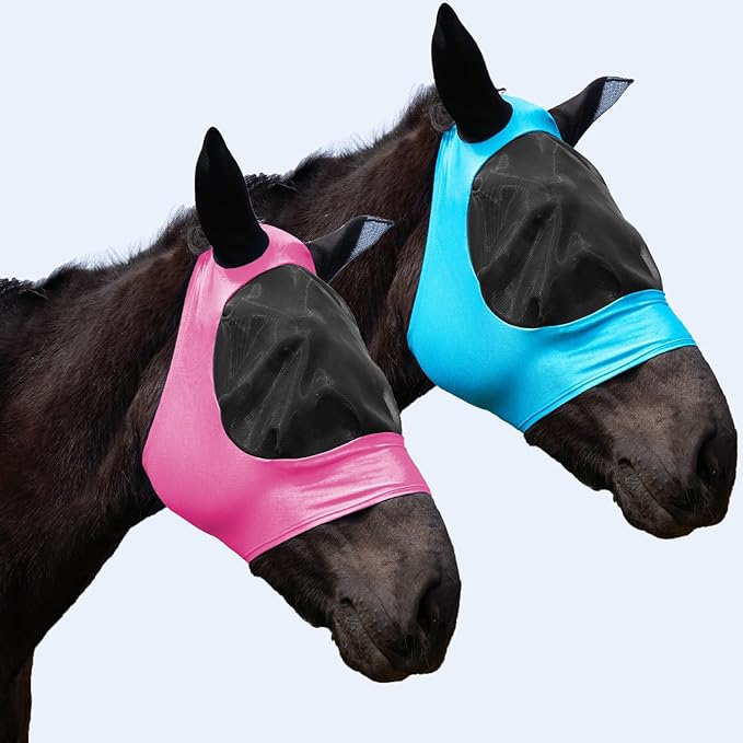 2 Piece Horse Fly Mask with Ears, Comfortable Fit Stretch Fabric Big Eye Space Soft Breathable with UV Protection for Full Horses (Blue-Pink)-PurrikoPets