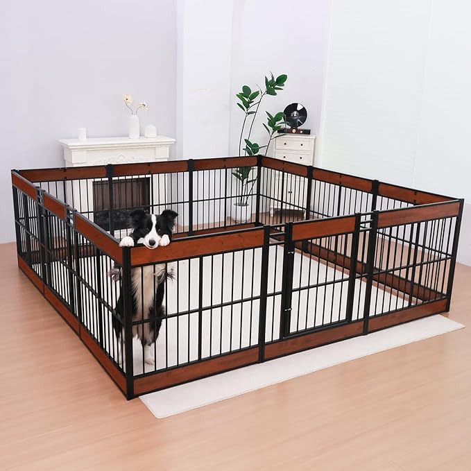 Dog Playpen, 35.4" Height Dog Pen Indoor, Heavy Duty, Safe and Sturdy, Furniture Style Puppy Pen (12 Panels (35.4" High), Mahogany)-PurrikoPets