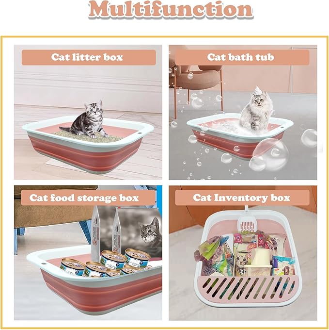 Foldable Cat Litter Box Open Potty Pan Portable Collapsible Cats Litter Boxs Travel Kitten Pan with Scoop Waterproof Low Entrance for Kitten and Easy Clean 17.7"×13.4"x4.9"(Pink)-PurrikoPets