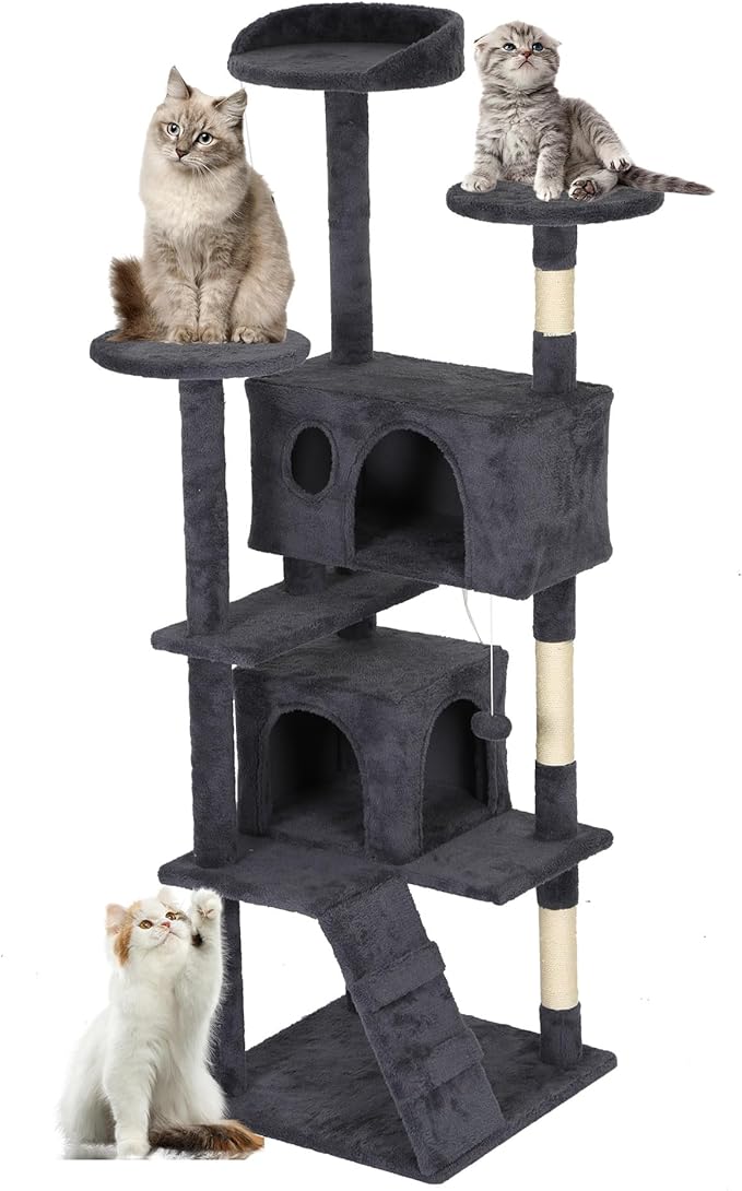 FDW Cat Tree Tower 62in Multi-Level Durable Cat Scratching Post & Cozy Fun Jumping Platform Space Saving Condo Pet Play House for Indoor Cats,Dark Gray-PurrikoPets