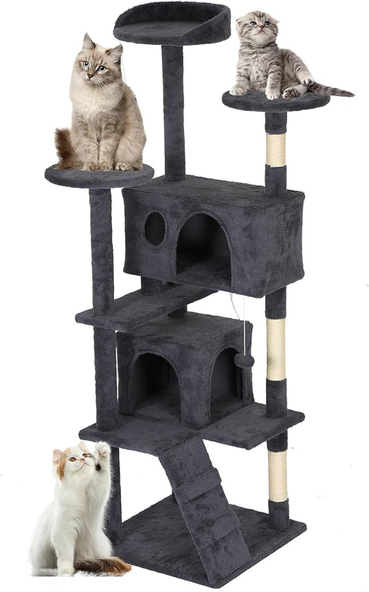 FDW Cat Tree Tower 62in Multi-Level Durable Cat Scratching Post & Cozy Fun Jumping Platform Space Saving Condo Pet Play House for Indoor Cats,Dark Gray-PurrikoPets
