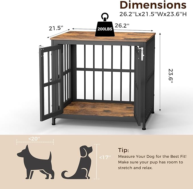 26 Inch Heavy Duty Wooden Dog Kennel End Table with Double Door Design and Secure Locks, Indoor Pet Crate Furniture for Small Dogs, Decorative Home Cage Design,Aged Black-PurrikoPets