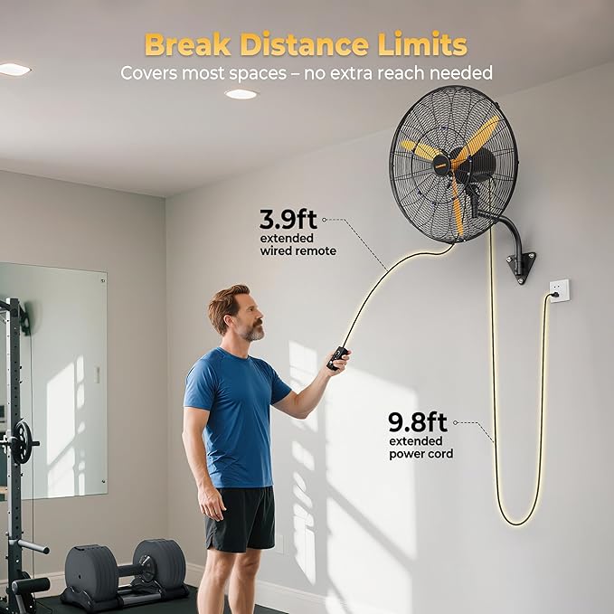 24 Inch Oscillating Misting Wall Mount Fan, Extra Long 3.9ft Wired Remote and 9.8ft Power Cord, IP44 Industrial Commercial Wall Mounted Fan for Greenhouse, Garage, Workshop, Covered Patio-PurrikoPets