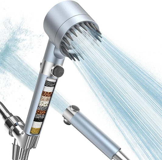 Filtered Shower Head with Handheld, High Pressure 3 Spray Mode Showerhead with 18 Stage Water Softener Filters for Hard Water - Handheld Shower Head-Remove Chlorine-BLUE-PurrikoPets