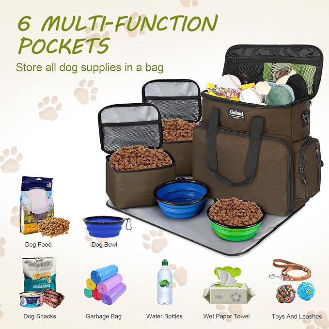Dog Travel Bag Airline Approved–Pet Travel Tote with Collapsible Bowls,Food Containers & Feeding Mat–Multi-Pocket Organizer for Dogs & Cats, Durable & Water-Resistant for Hiking,Trips,Outdoors-PurrikoPets