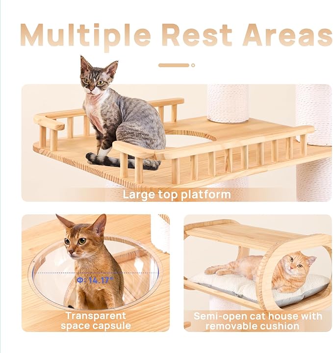 77‘’ Modern Cat Tree, Tall Wood Cat Tower for Indoor Cats Large Adult, Heavy Duty Cat Tree with Scratching Post, Luxury Kitty Condo, Sturdy Cat Furniture with 1 Transparent Bed and 3 Climb Labber-PurrikoPets