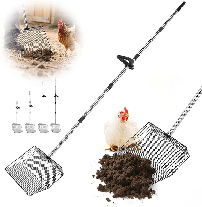 15inch Large Chicken Poop Scooper with Ergonomic Grip, 5 in 1 Adjustable Chicken Coop Pooper Shovel (24 to 76.5"), Stainless Steel Litter Sifting Shovel Scoop for Chicken Coop/Goat Stall/Stable-PurrikoPets