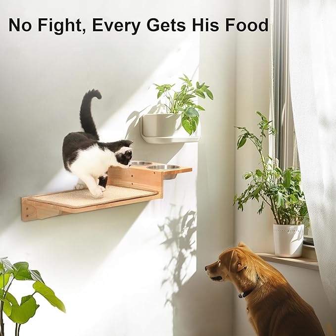 FUKUMARU Cat Wall Shelves, 3 In 1 Cats Walls Furniture Set, Food Station with 2 Steps , Solid Rubber Wood Perch, Suitable for Kitten Play, Nap, Eat, DIY Wall Jungle Gym-PurrikoPets