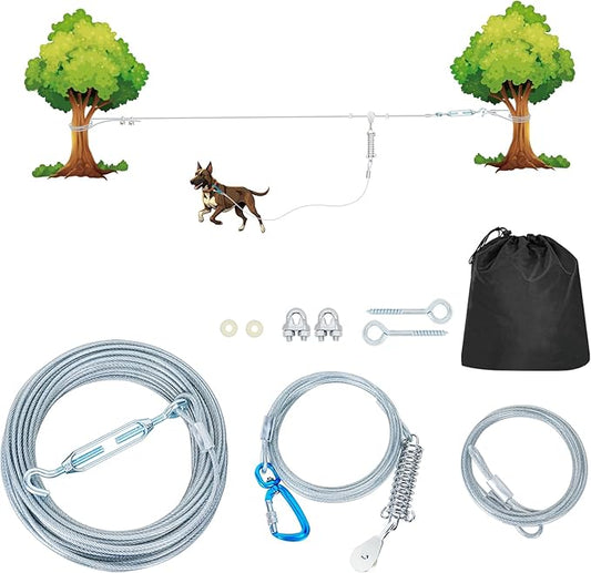 50ft Dog Runner for Yard Large Dog Heavy Duty with Double Shock Absorbers Tangle-Free Aerial Trolley System for Large Dogs Up to 250lbs (Silver)-PurrikoPets