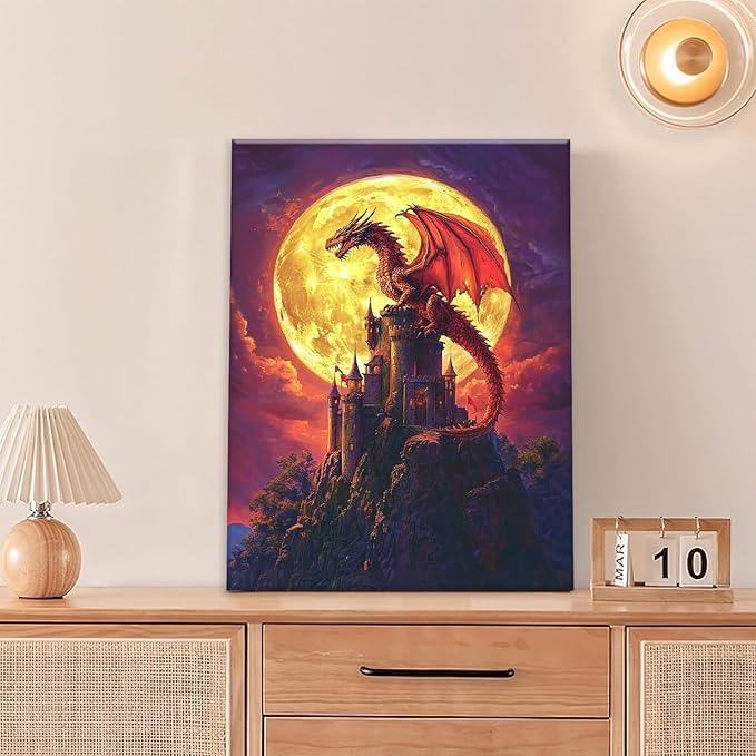 Dragon Bathroom Pictures Wall Art, Red Dragon Castle Bathroom Wall Decor, Framed Painting Canvas Artwork for Bedroom Living Room Decorations 20"L x 16"W-PurrikoPets