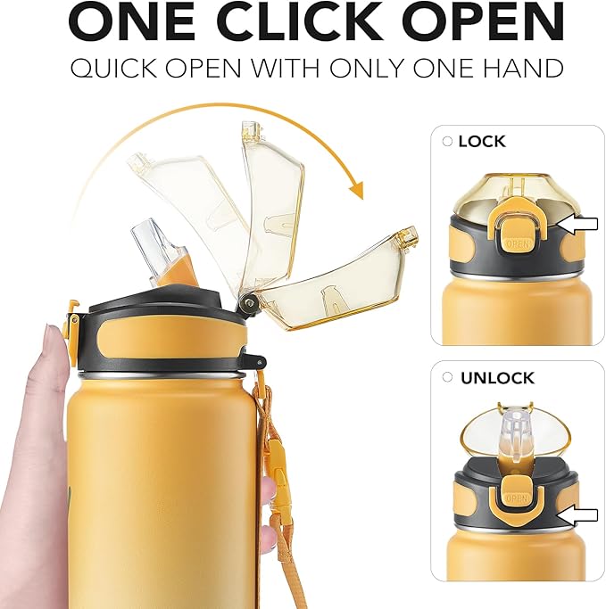 Enerbone 32 oz Insulated Water Bottle, Stainless Steel Bottle with Carrying Strap, Double-Wall Vacuum Insulation Design, Leakproof Sports Bottle with Straw, Keep Drinks Cold or Hot for Hours-PurrikoPets