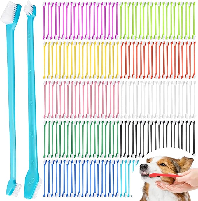 200 Pcs Dog Toothbrush, Pet Double Sided Brushing Kit Long Handle Soft Bristles Dogs Tooth Brush for Small to Large Dog, Cat, Puppy & Kitten, 10 Colors-PurrikoPets