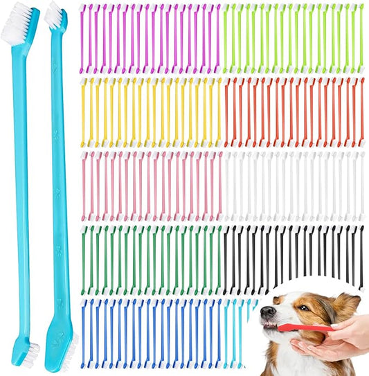 200 Pcs Dog Toothbrush, Pet Double Sided Brushing Kit Long Handle Soft Bristles Dogs Tooth Brush for Small to Large Dog, Cat, Puppy & Kitten, 10 Colors-PurrikoPets