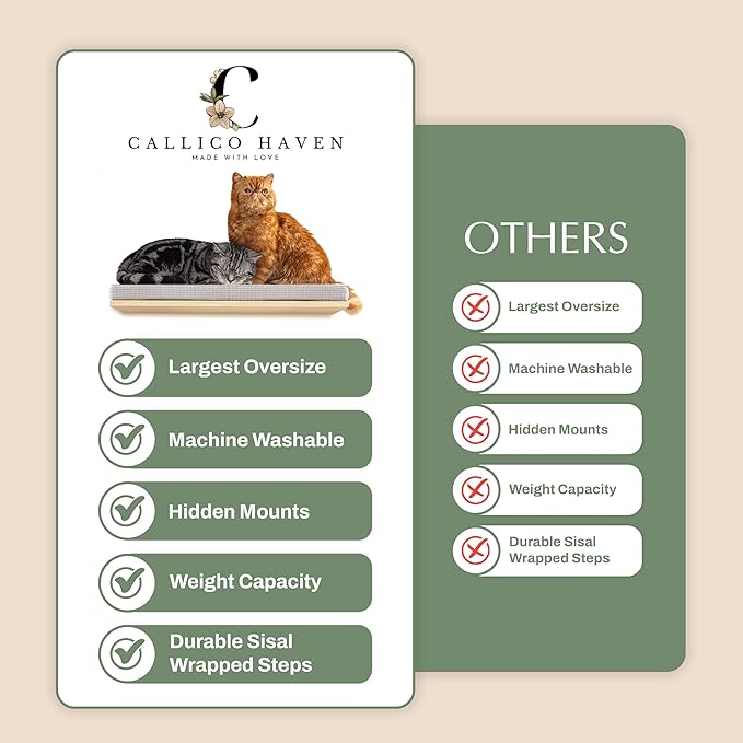 Extra Large 23.6”x12.6” CALLICO HAVEN- Stylish Cat Wall Shelves with Cushion, Modern Wall-Mounted Cat Tree Furniture, Window Cat Shelf & Perch, Sturdy/Hidden Mounts, Washable Cover - Flat Shape-PurrikoPets