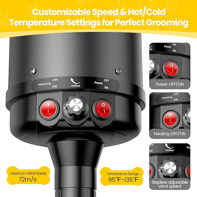 Dog Dryer, 5.2HP/3800W High Velocity Dog Hair Dryer with 4 Nozzles, Stepless Adjustable Speed & Temperature Control, Low Noise Professional Dog Grooming Dryer (Black)-PurrikoPets