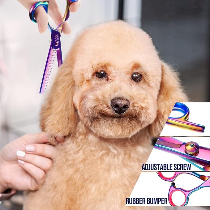 Gimars Dog Grooming Scissors Kit Professional 4CR with Safety Round Tip, 5 in 1 Heavy Duty Titanium Coated Thinning & Curved & Straight Shears-PurrikoPets