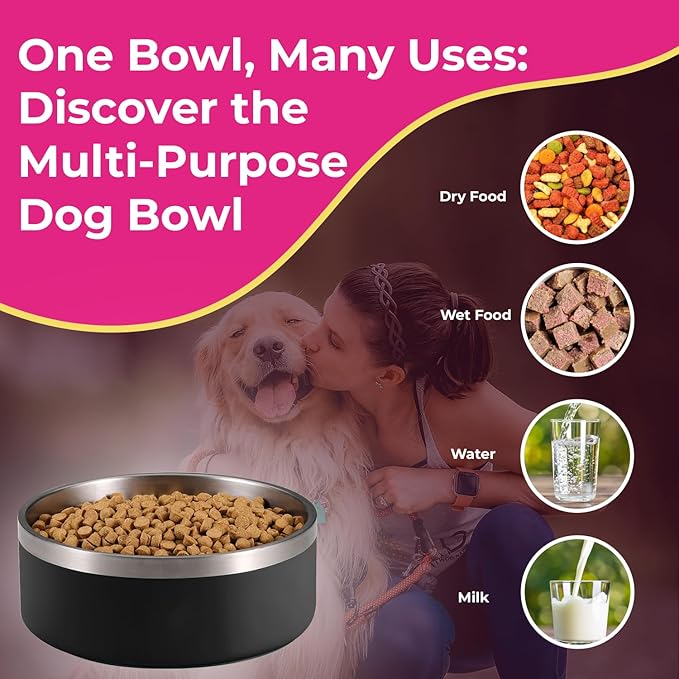 64 oz Black Anti-Skid Dog Bowl, Vacuum Insulated, Powder Coated, Stainless Steel, Non-Slip, Easy to Clean-PurrikoPets