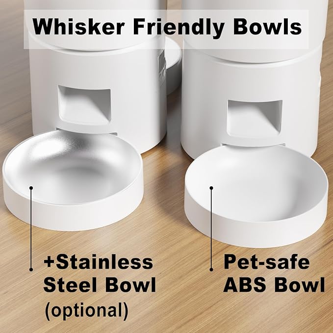 Dual Automatic Cat Feeder 2 Cats,6 Meals/Day,12 Portions/Meal,4.2L Dual Power Double Bowls Feeder,Dry Food Auto Pet Dispenser,10S Voice Record,Flexible Schedule Timer(White,Stainless Dual Bowls)-PurrikoPets