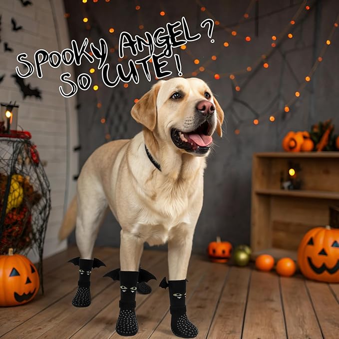 EXPAWLORER Halloween Anti Slip Dog Socks to Prevent Licking Paws, Boots & Paw Protectors with Grippers,Doggie Booties for Hardwood Floors for Small Medium Large Senior Dogs Costume Black Devil Wings L-PurrikoPets