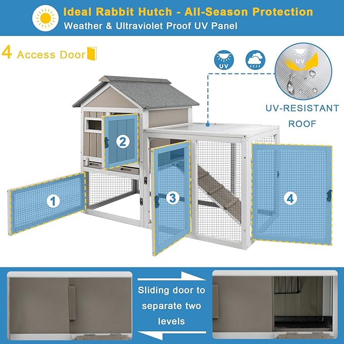 48" L Rabbit Hutch Outdoor Indoor Bunny Hutch Weatherproof, 2-Story Wood Rabbit Cage with Deep Tray, Chew-Resistant Ramp, UV Roof, Bunny House for Small Animal, Expandable Guinea Pig Cage-PurrikoPets