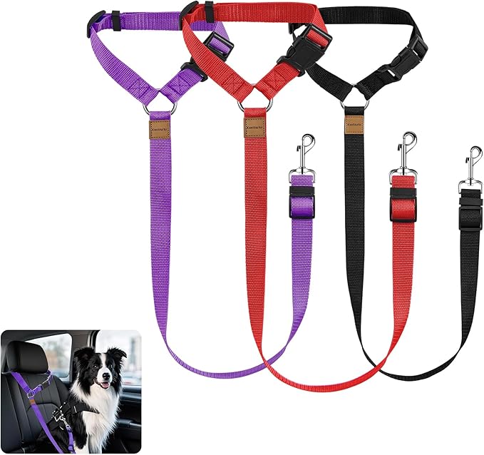 3 Pack Dog Seat Belt for Car, Car Headrest Restraint Adjustable Nylon Fabric, Dog Restraints Vehicle Seatbelts Harness (Black & Red & Purple)-PurrikoPets