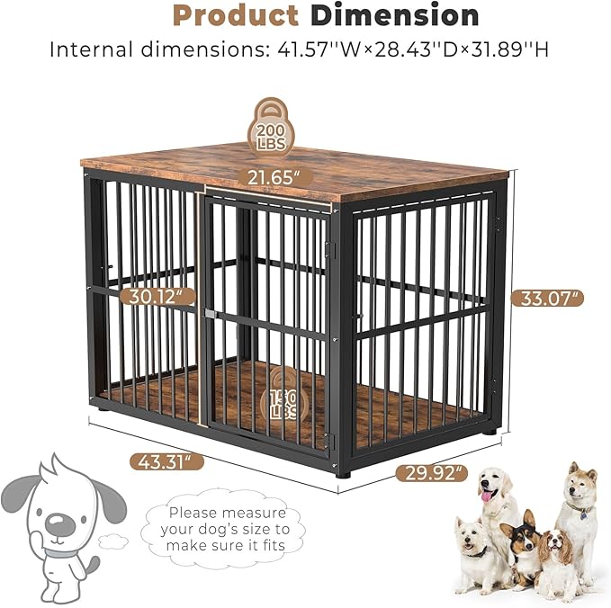 43'' Dog Crate Furniture with 3 Doors, XL Wooden Crate End Table Heavy Duty Indoor Puppy Cage for Medium to Large Dogs, Multiple Units Can be Combined-PurrikoPets