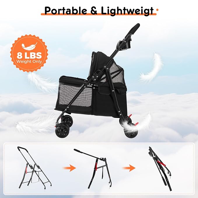 Foldable Pet Stroller for Small/Medium Pets up to 22 lbs - Lightweight 4-Wheel Design with Sun Canopy, Storage Bag & Breathable Mesh-PurrikoPets