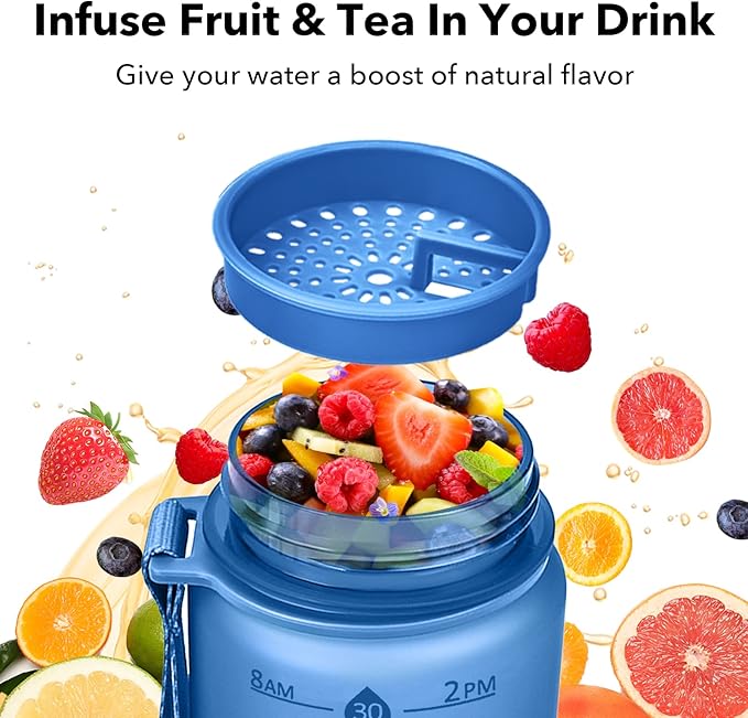 32oz Motivational Water Bottles with Time Marker & Fruit Strainer, Transparent Gradient Color Water Bottle with Times to Drink, Leakproof & BPA Free, Reusable Bottle with Strap (No Straw)-PurrikoPets