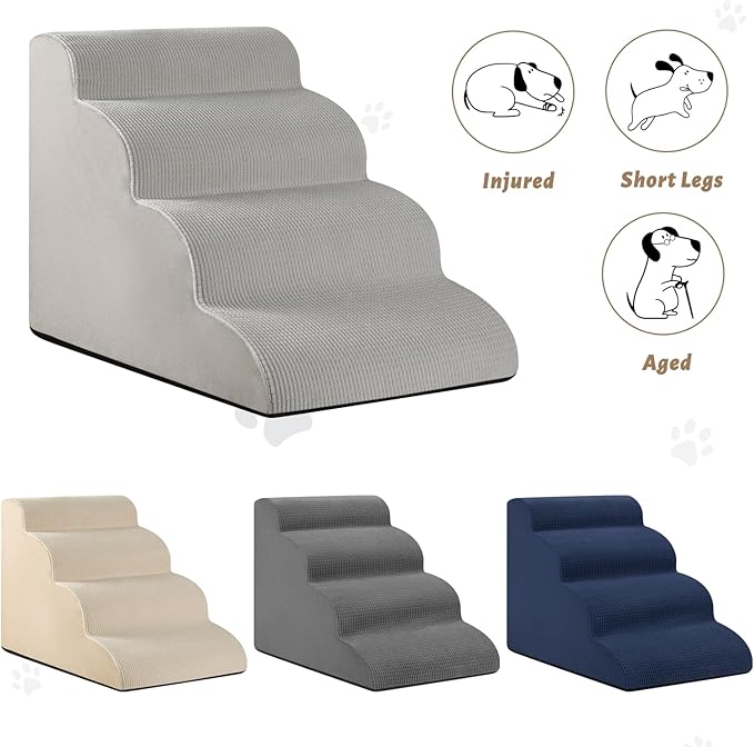 4-Step Dog Stairs and Ramp for Beds or Couches,Non-Slip Sturdy Pet Steps for Small Dogs and Cats,17.4" H,Light Grey-PurrikoPets