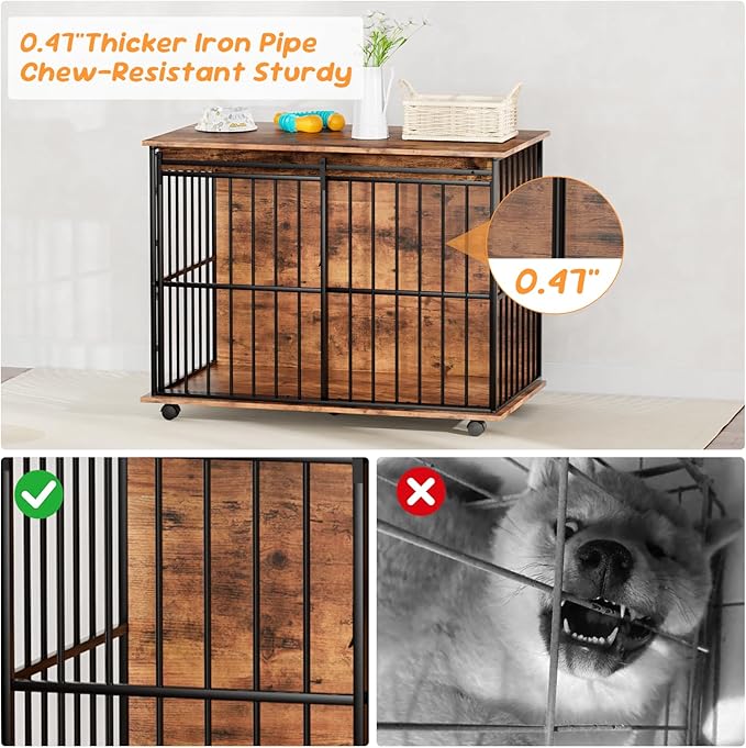 43.7" Dog Crate Furniture, XL Dog Crate Dog Kennel Indoor with Wheels for Large Medium Small Dogs, Wooden Dog Kennel End Table with Sliding Door Wooden Furniture Crates for Living Room, Bedroom-PurrikoPets
