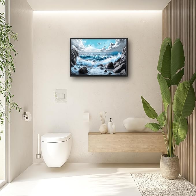 Extra Large Framed Abstract Sea Ocean Wall Art,Black and White Wall Decor, Coastal Seashore Pictures for Living Room,Canvas Print Painting Modern Artwork Bedroom Office Bathroom 36L x 24W-PurrikoPets