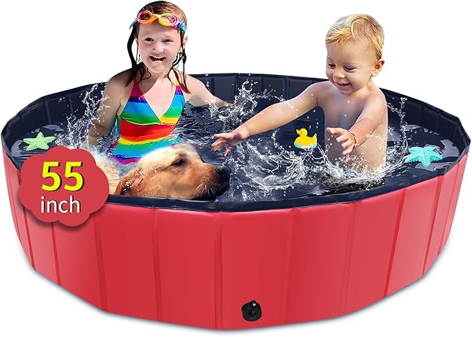 Foldable Dog Pool, 55" x 12" Kiddie Pool with Hard Plastic, Non-Slip Dog Bath Tub for Outdoor Backyard, Collapsible Dog Swimming Pool for Kids Dogs Pets (Red)-PurrikoPets