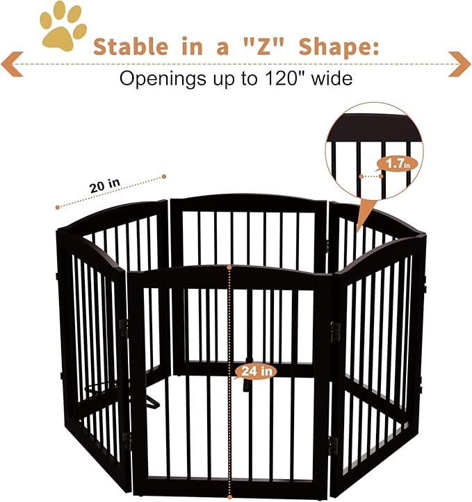 Freestanding Pet Gate for Dogs, Foldable Wooden Dog Gate for House, Extra Wide Indoor Pet Barrier for Stair, Doorway, Hall, Support Feet Included, 120 Inch Wide, 6 Panels 24", Brown-PurrikoPets