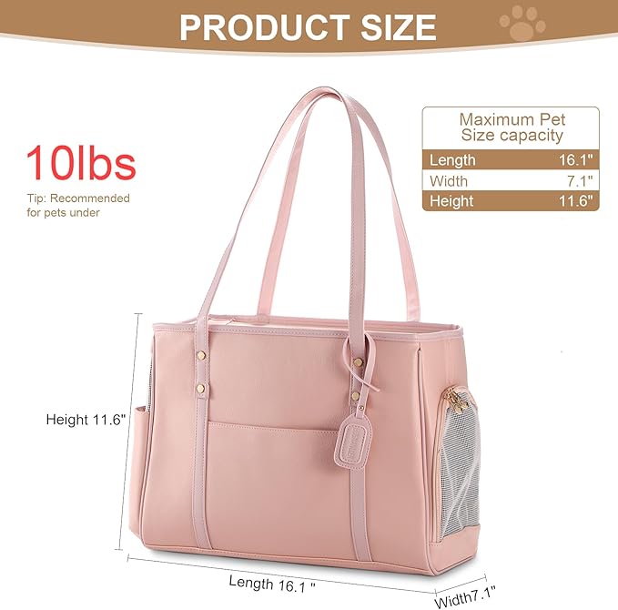 Fashion Dog Carrier Purse, Premium Leather Cat Carrier Bag, Airline Approved Soft Sided Pet Travel Tote Bag with Pockets Pink-PurrikoPets
