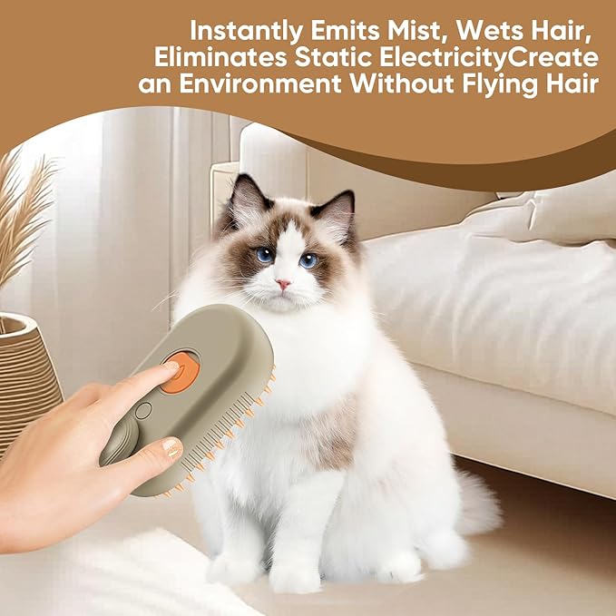 4-in-1 Cat Steam Brush for shedding–Self-Cleaning Comb for Long and Short Hair Cats and Dogs, Steam Pet Brush for Hair Removal, Vibrating Message, Grooming & Relaxation (Khaki)-PurrikoPets