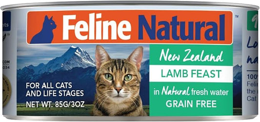 Feline Natural New Zealand Canned Catfood Wet Food, High-Meat, Low-Carb, & Grain Free Cat Food Wet, Lamb Feast, 3 oz, Pack of 24-PurrikoPets