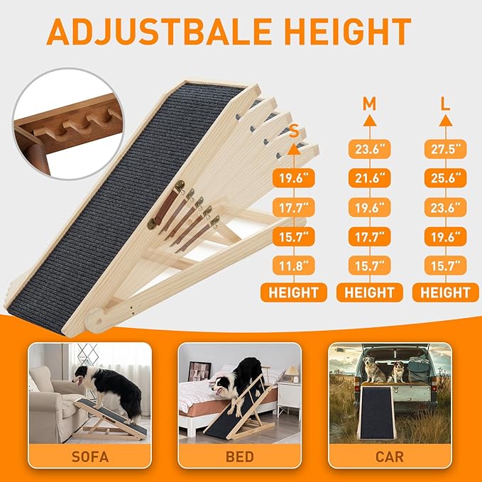 Dog Ramp for Bed, Dog Stairs for Small and Large Dogs, Portable Dog Steps for Bed, Couch, Car, Adjustable Pet Ramp, Anti-Slip Traction Mat Pet Steps, Support up to 210 lbs (Log Color, LENTH-55.1IN)-PurrikoPets