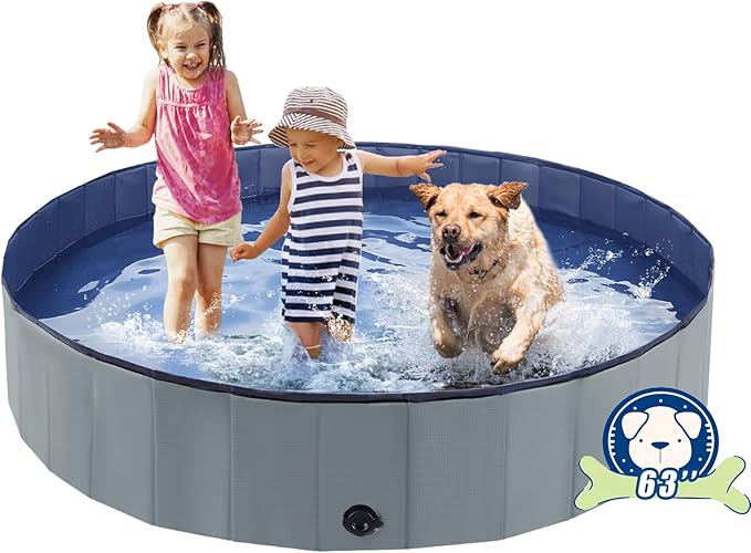 Foldable Dog Bath Swimming Pool 63'' Plastic Kiddie Pool Professional Tub Collapsible Grooming Bathtub for Pets Kids Baby and Toddler, 63 x 12 Inches Gray-PurrikoPets