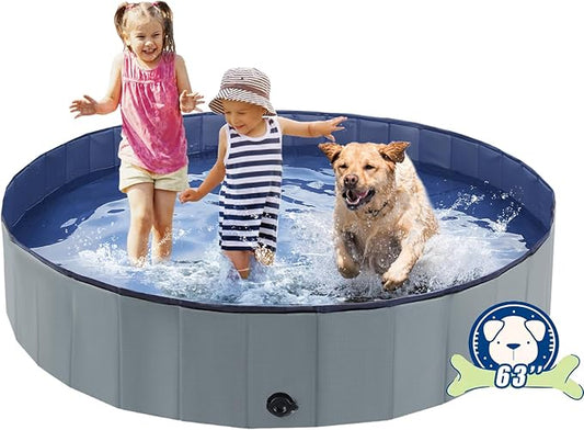 Foldable Dog Bath Swimming Pool 63'' Plastic Kiddie Pool Professional Tub Collapsible Grooming Bathtub for Pets Kids Baby and Toddler, 63 x 12 Inches Gray-PurrikoPets