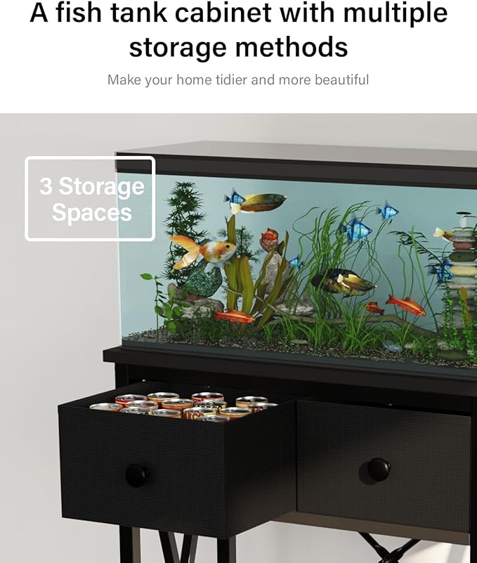 Fish Tank Stand for 5-10 Gallon Fish Tank: Aquarium Stand with Power Outlet - Metal 10 Gallon Tank Stand with Cabinet Drawer Storage for Turtle Tank, Reptile Terrarium (Black, 220LBS Capacity)-PurrikoPets