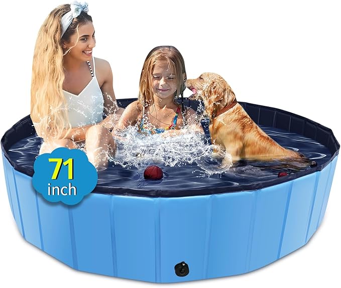 Foldable Dog Pool, 71" x 12" Large Kiddie Pool with Hard Plastic, Non-Slip Dog Bath Tub for Outdoor Backyard, Collapsible Dog Swimming Pool for Kids Dogs Pets (Blue)-PurrikoPets