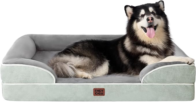 EHEYCIGA Orthopedic XL Dog Beds, Waterproof Memory Foam Dog Bed for Extra Large Dogs, Non-Slip Bottom and Egg-Crate Foam Big Pet Couch Bed with Washable Removable Cover, Greyish Green-PurrikoPets
