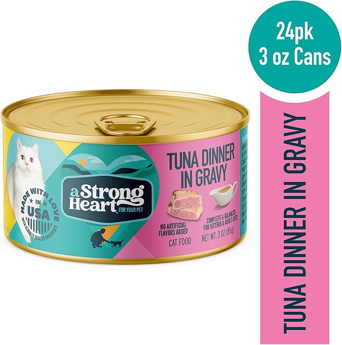 A Strong Heart Canned Wet Cat Food, Tuna Dinner in Gravy - 3 oz Cans (Pack of 24), Made in The USA with Real Tuna-PurrikoPets