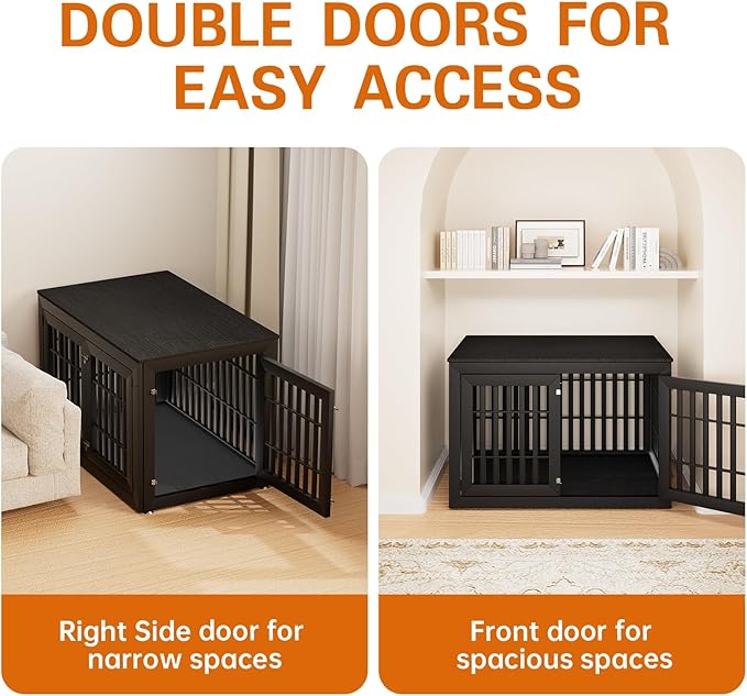 48" Heavy Duty Dog Crate Furniture for Small,Medium and Large Dogs,Rustic Wooden Dog Cage Kennel Indoor Furniture with Waterproof Top,Decorative Pet House Side End Table (Black)-PurrikoPets