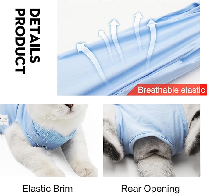 DOTON Cat Recovery Suit for Male and Female Surgical Post Surgery Soft Cone Onesie Shirt Clothes Neuter Licking Protective Diapers Outfit Cover Kitten Spay Collar(M, Blue)-PurrikoPets