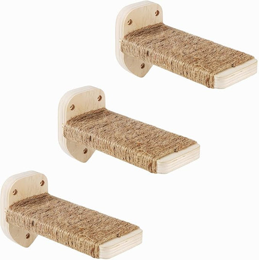 3 Pcs Cat Wall Steps, Cat Shelves and Perches for Wall, Wall-Mounted Cat Climbing Shelf with Hemp Rope Covered, Cat Wall Furniture Steps Set with Scratching Pads for Cats Playing and Climbing (Wood)-PurrikoPets