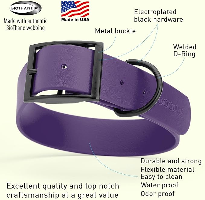Dogline Biothane Waterproof Dog Collar Strong Coated Nylon Webbing with Black Hardware Odor- Proof for Easy Care Easy to Clean High Performance Fits Small Medium or Large Dogs, Violet Purple-PurrikoPets